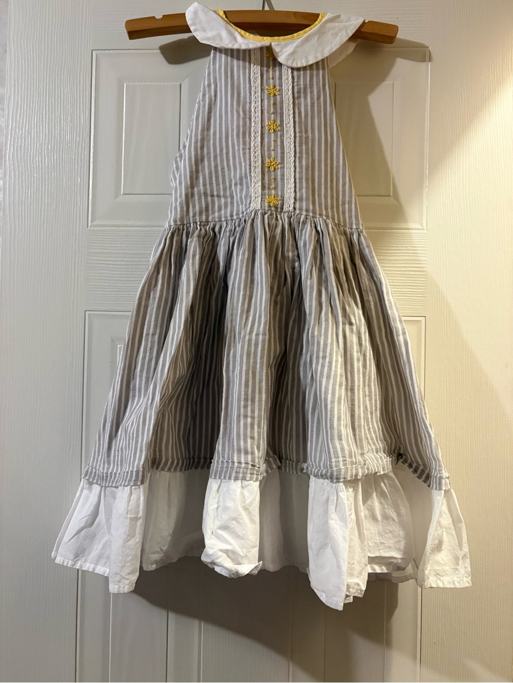 Well Dressed Wolf Striped Gray & White Ruffled Casual Dress with Yellow Accents